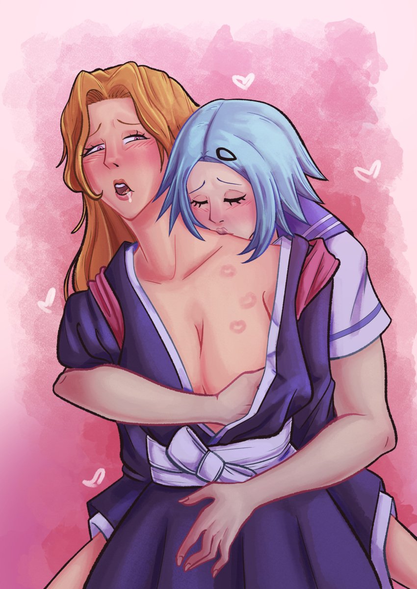 2girls age_difference bleach bleach:_the_thousand-year_blood_war blue_hair breast_grab cleavage crossover female fully_clothed groping groping_breasts hells hells_angels kiss_mark kissing kissing_neck matsumoto_rangiku orange_hair rinne rinne_amagane wholesome woo_sona yuri