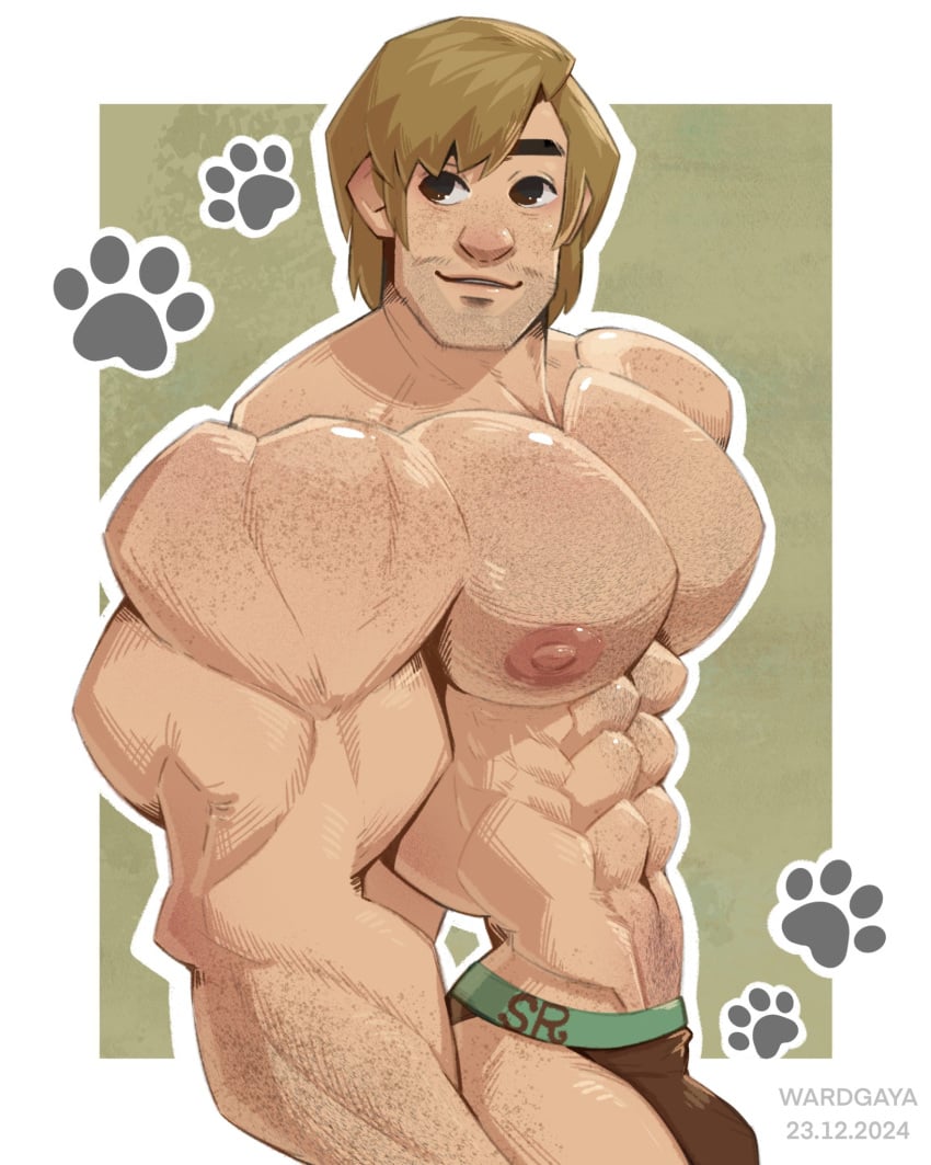1boy abs artist_name bara bulge dated male male_focus male_only muscular muscular_arms muscular_chest muscular_male nipples pecs pectorals scooby-doo shaggy_rogers simple_background solo solo_male text wardgaya