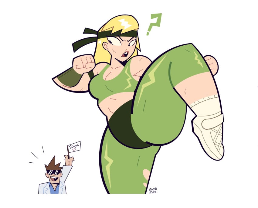 1boy 1girls 2d ? blonde_hair cheering female fighting_stance goodbyellow headband johnny_cage kicking light-skinned_female light_skin male mortal_kombat netherrealm_studios sonya_blade thick thick_thighs tight_clothing