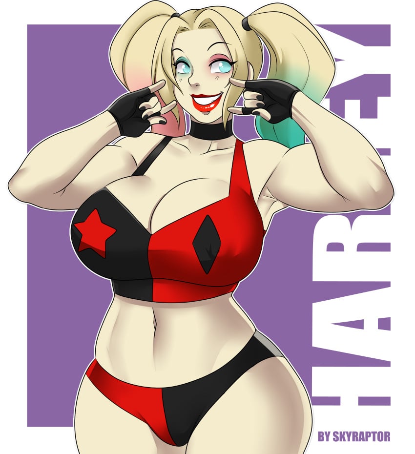 big_breasts blonde_hair bra fingerless_gloves harley_quinn harley_quinn_(series) midriff muscular panties red_lipstick skyraptor thick_thighs wide_hips