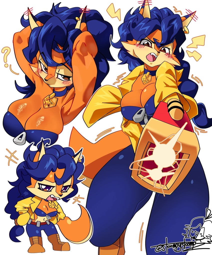 1girls bare_arms bare_shoulders big_breasts blue_hair brown_eyes carmelita_fox clothed clothing color female female_focus female_only fox fox_ears fox_girl fox_tail furry furry_female hi_res large_breasts long_hair looking_at_viewer playstation police_uniform policewoman sly_cooper_(series) solo solo_female sony_interactive_entertainment stoompynsfw tagme thick_thighs