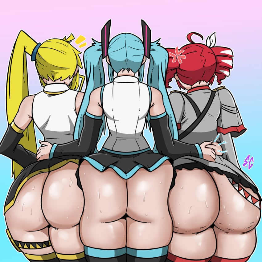 2d 2d_(artwork) 3girls ahoge akita_neru angry angry_vein artist_request ass ass_focus ass_row back back_view big_ass big_thighs blue_hair bottom_heavy cellulite chubby chubby_female clothed clothed_female clothing curvaceous curvy curvy_female curvy_figure detached_sleeves fanloid fat_ass fat_thighs female female_only gigantic_ass gluteal_fold grabbing_waist hair_ornament hairband hairbow hatsune_miku huge_ass huge_thighs ineffective_skirt kasane_teto kasane_teto_(sv) large_ass large_thighs lifted_skirt massive_ass miniskirt no_panties ponytail red_hair shiny_skin simple_background skindentation skirt skirt_lift sweat sweating synthesizer_v thick_thighs thighhighs thighs triple_baka_(vocaloid) twin_drills twintails utau vocaloid waist_grab wide_hips yellow_hair