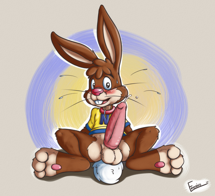 animal_genitalia anthro balls blush bottomless buckteeth clothed clothing collar embarrassed emenius erection flying_sweatdrops glans lagomorph looking_at_viewer male male_only mammal mascot nesquik nesquik_bunny nestle penis precum rabbit sheath solo spread_legs spreading sweat sweatdrop teeth whiskers