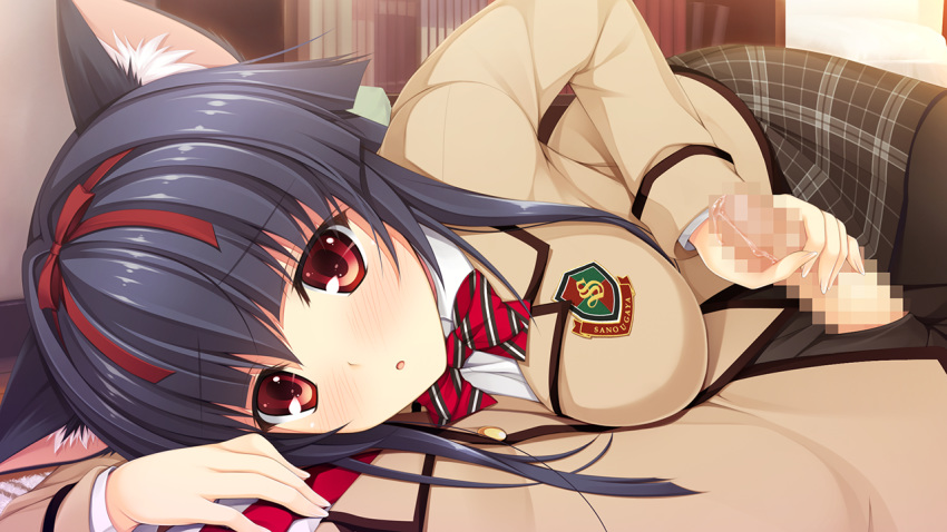 animal_ears asami_asami black_hair blush book bowtie breast_press breasts cat_ears censored female game_cg handjob highres himekawa_honami large_breasts legs long_hair looking_at_viewer lying lying_on_person mosaic_censoring on_stomach pantyhose penis pretty_x_cation_2 red_eyes school_uniform skirt thighs unzipped