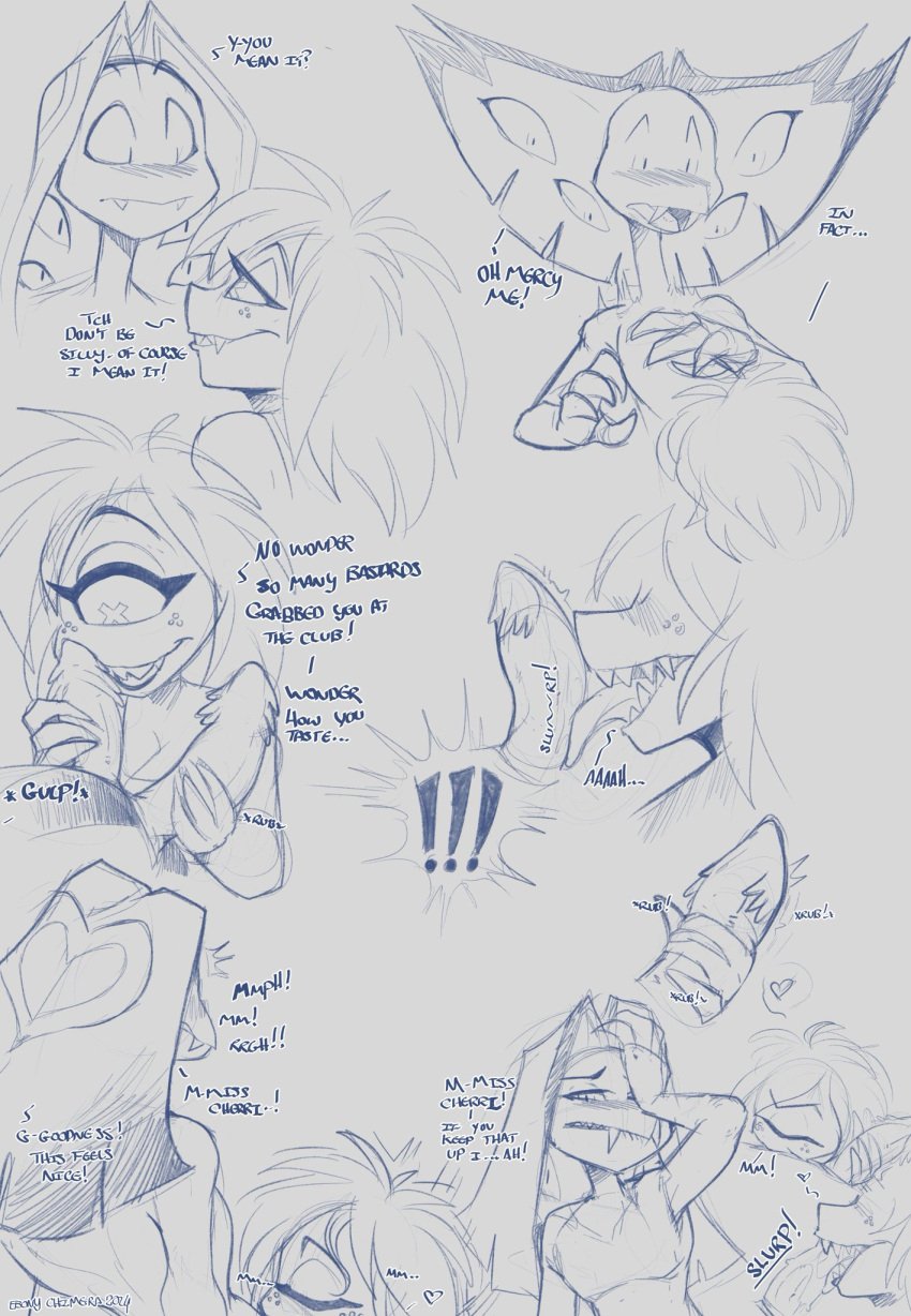 1boy 1girls blowjob cherri_bomb cherri_bomb_(hazbin_hotel) dialogue exclamation_point female hazbin_hotel kayla-na licking_penis looking_pleasured male male/female one_eye sir_pentious sir_pentious_(hazbin_hotel) snake two_dicks vivienne_medrano vivziepop