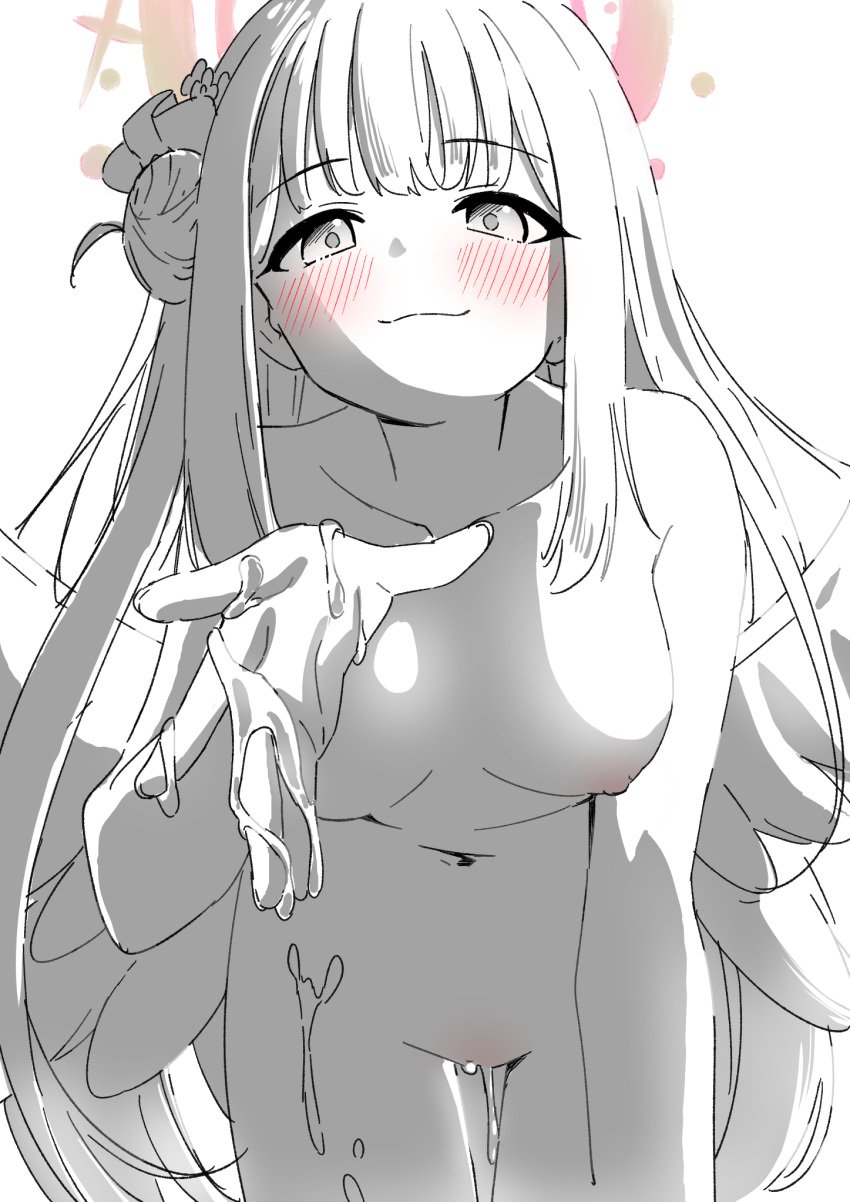 angel_wings blue_archive blush breasts closed_mouth collarbone commentary_request completely_nude danshakubaron feathered_wings female flower greyscale hair_bun hair_flower hair_ornament hair_ribbon halo highres long_hair looking_at_viewer low_wings mika_(blue_archive) monochrome navel nipples nude partial_commentary pink_halo pussy_juice pussy_juice_on_fingers ribbon simple_background single_side_bun smile spot_color stomach thighs white_background wings