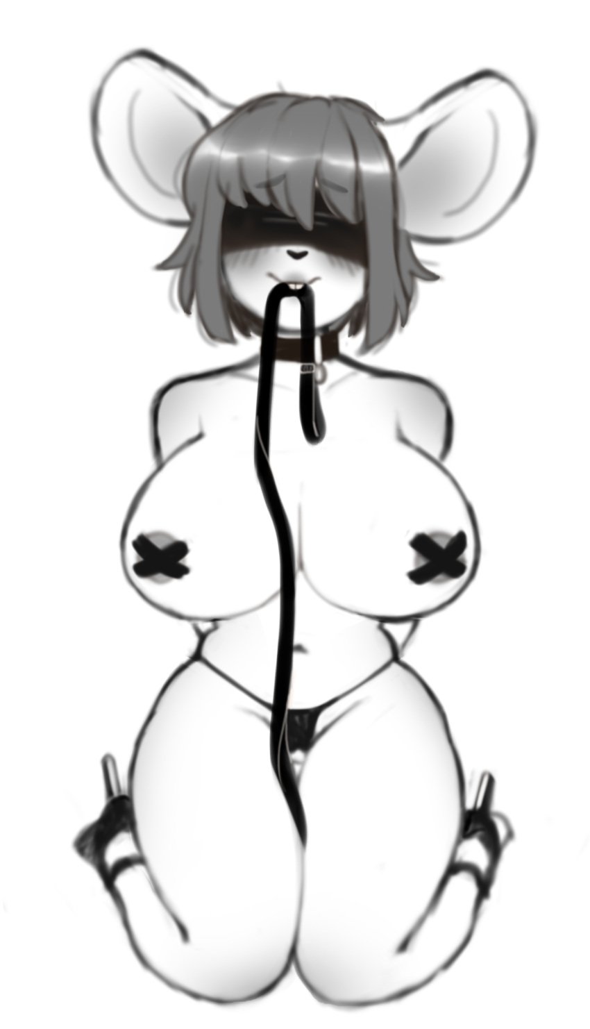 blindfold blush bondage breasts buckteeth clothing collar female female_focus female_only hi_res high_heels kneeling leash mammal monochrome mouse murid murine nipple_tape nipples original original_character pasties peachkuns rat rodent sketch tape teeth thick_thighs thighs thong underwear unnamed_character