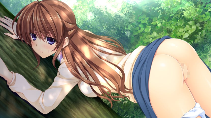 against_tree asami_asami ass back backboob blue_eyes blush breasts brown_hair censored female forest game_cg hayase_chitose_(pretty_x_cation) highres large_breasts long_hair long_sleeves looking_back mosaic_censoring panties panties_around_leg pretty_x_cation_2 pussy skirt skirt_lift solo standing sweater underwear white_panties