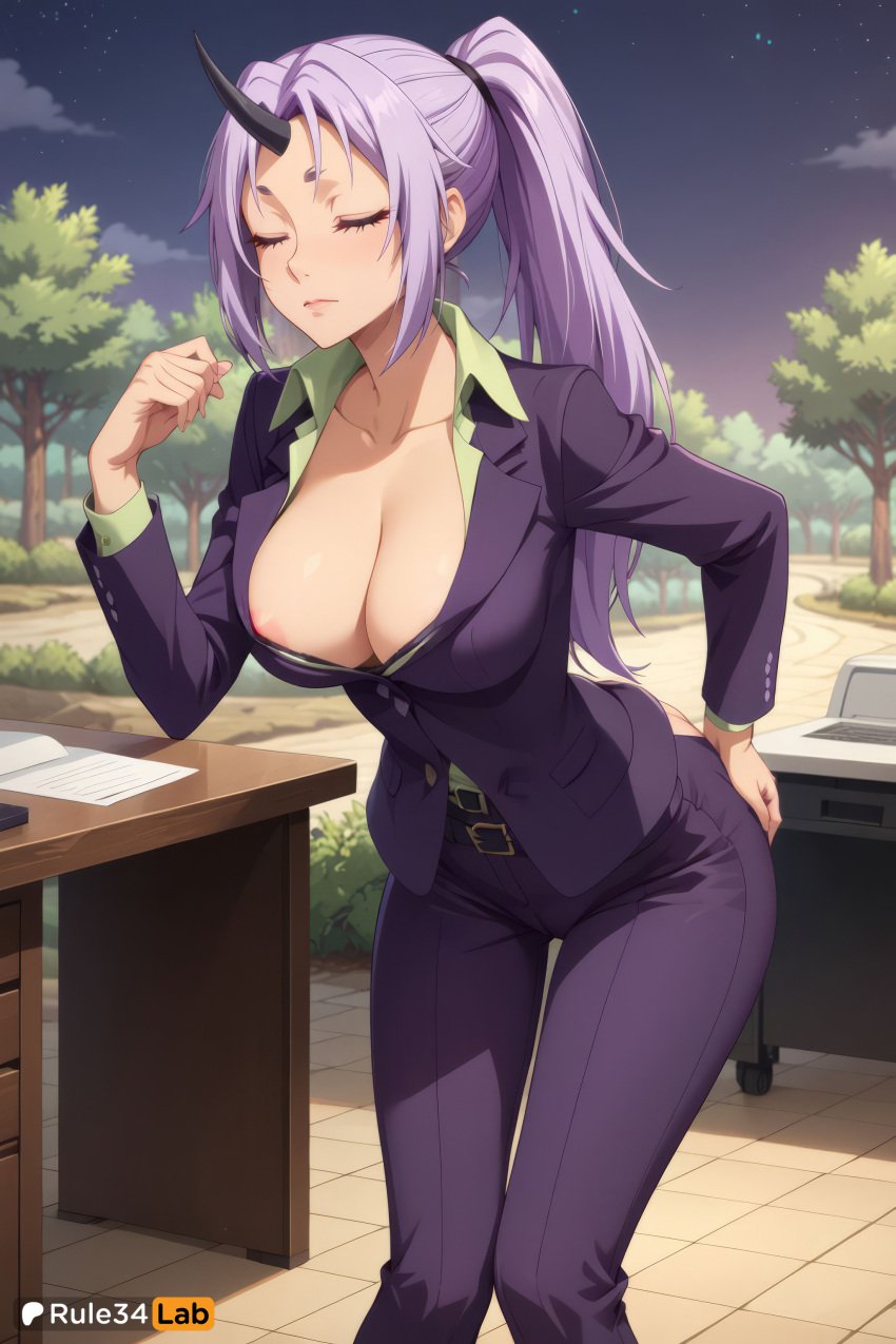 1girls ai_generated areola_slip artist_name belt black_belt black_horns breasts cleavage closed_eyes closed_mouth collarbone collared_shirt formal green_shirt hand_on_own_ass hi_res horns jacket large_breasts leaning_forward long_hair long_sleeves night night_sky nipple_slip nipples office_lady oni outdoors pant_suit pants patreon_username ponytail purple_hair purple_jacket purple_pants rule34lab shion_(tensei_shitara_slime_datta_ken) shirt single_horn sky solo standing star_\(sky\) starry_sky suit tensei_shitara_slime_datta_ken tree