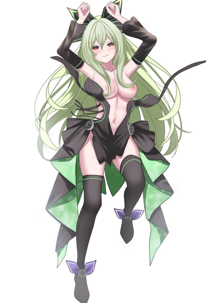 arms_up blush breasts breasts_out chika_hakozaki commission female green_hair kneesocks loose_clothes neptunia_(series) nipples pinup pose xueli_shimazaki