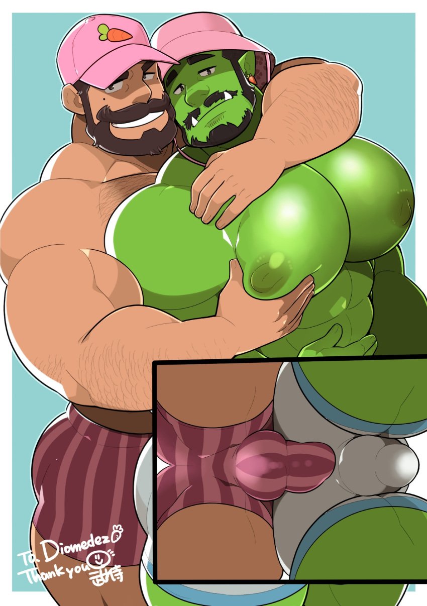 abs balls_under_clothes bara bare_thighs beard big_bulge bucket_hat clothed_penetration clothed_sex cock dominant_male ear_piercing farmer_dez gay green_skin half-orc human human_male human_on_orc large_pectorals male male/male male_dominating_male male_focus male_nipples male_only moustache muscular muscular_male nipples oc orc orc_male pec_grab pec_squeeze penis penis_pressed_against_ass penis_under_clothes pink_cap rancher_grunh submissive_male takezamurai tan_skin thick_arms thick_ass thick_thighs viewed_from_below yaoi