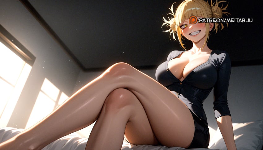 ai_generated bare_legs blonde_hair blunt_bangs blush boku_no_hero_academia breasts cleavage cleavage_cutout collarbone crossed_legs double_bun feet_out_of_frame female from_below grin hair_bun half-closed_eyes large_breasts looking_at_viewer meitabuu miniskirt multiple_girls on_bed open_clothes parted_lips short_hair sitting smile solo thighs toga_himiko yellow_eyes