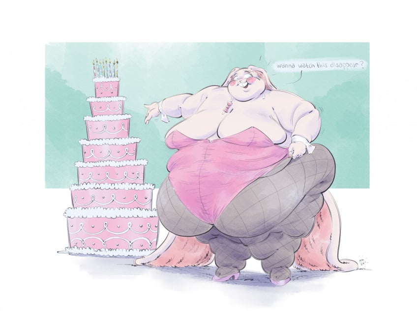 1girls anthro ass belly belly_overhang birthday_cake blue_eyes breasts buckteeth bunny bunnysuit cake dessert english_text fat fatfur female female_focus female_only fishnet_legwear fishnets furry heels hips lagomorph lagomorph_humanoid large_ass large_breasts mk_artichoke obese obese_female overweight overweight_female quizzo rabbit text thick_thighs thighs weight_gain white_fur white_hair wide_hips