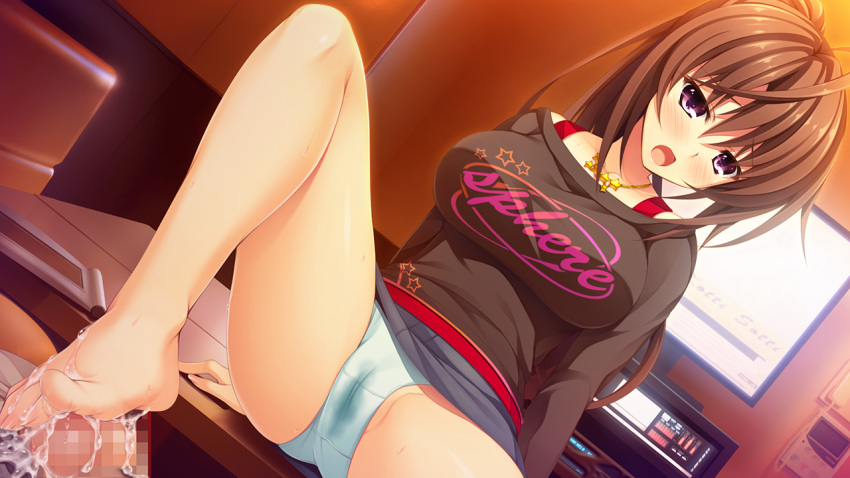 antenna_hair asami_asami ashiya_suzuka barefoot blush breasts brown_hair cameltoe censored computer cum cum_on_lower_body embarrassed feet female footjob game_cg highres large_breasts legs long_hair long_sleeves looking_at_viewer monitor mosaic_censoring open_mouth panties penis ponytail pretty_x_cation_2 purple_eyes sitting skirt solo_focus table thighs tied_hair toes underwear unzipped wet