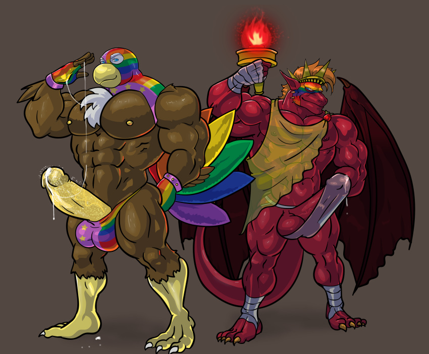 absurdres anthro avian balls big_penis bird blue_eyes bulge dragon drekhan duo eagle erection feathers feet fingerless_gloves gay gay_pride genelightfoot gloves gold_nipples gold_penis golden_nipples golden_penis highres jockstrap male male_only muscular muscular_male nipples penis precum rainbow rainbow_patriot red_scales scales skimpy super_gay superhero thong torch tuft underwear wings yaoi