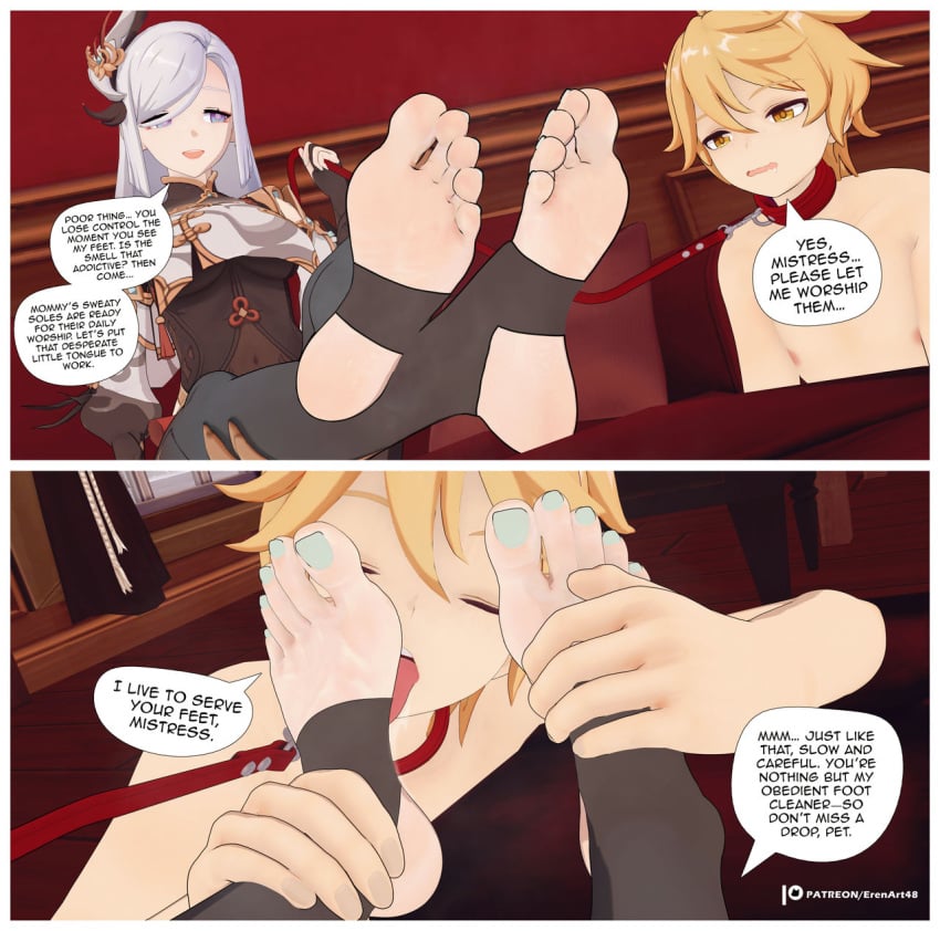 3d aether_(genshin_impact) blue_toenails dominant dominant_female domination erenart48 feet female femdom foot_fetish foot_focus foot_lick foot_play foot_worship genshin_impact leash licking licking_foot male shenhe_(genshin_impact) slave slave_collar soles stirrup_legwear stirrup_stockings submissive_male tagme text toenail_polish toenails toes tongue tongue_out