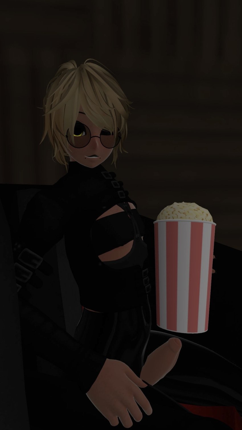 blonde_hair dark-skinned_femboy dark-skinned_male dark_skin erect_penis erection exhibitionism femboy functionally_nude glasses male movie_theater popcorn public risky self_upload sitting solo solo_femboy solo_male vrcfemboy vrchat vrchat_avatar wink winking_at_viewer yellow_eyes