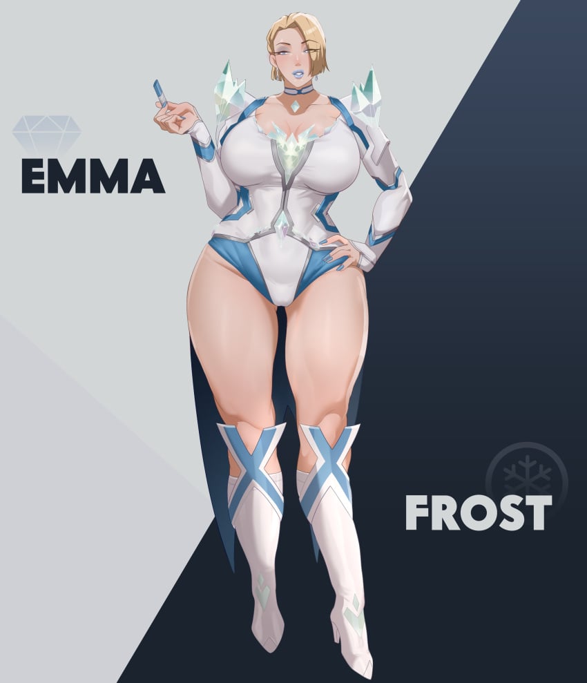 1girls emma_frost female huge_breasts marvel revealing_clothes soraoraora standing text