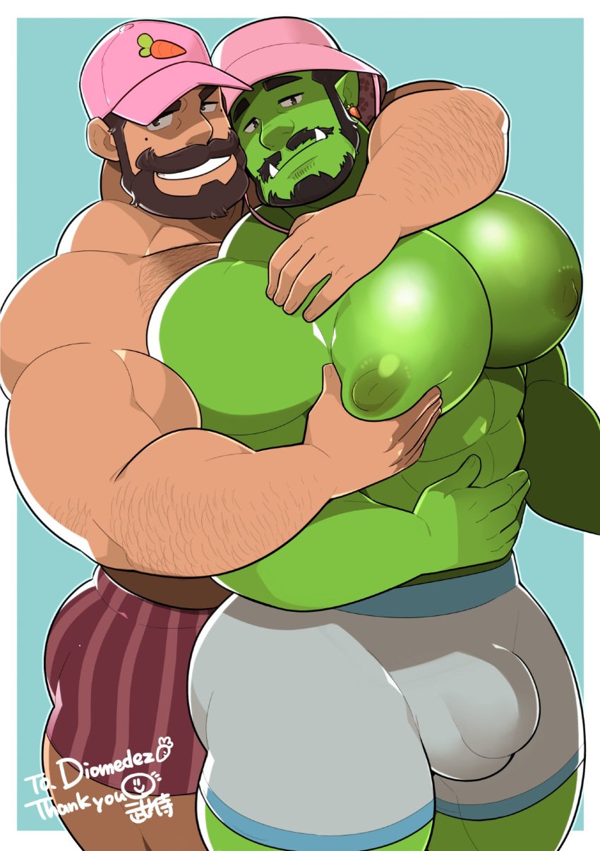 abs balls_under_clothes bara bare_thighs beard big_bulge bucket_hat cock dominant_male ear_piercing farmer_dez gay green_skin half-orc human human_male human_on_orc large_pectorals male male/male male_dominating_male male_focus male_nipples male_only moustache muscular muscular_male nipples oc orc orc_male pec_grab pec_squeeze penis penis_pressed_against_ass penis_under_clothes pink_cap rancher_grunh submissive_male takezamurai tan_skin thick_arms thick_ass thick_thighs yaoi