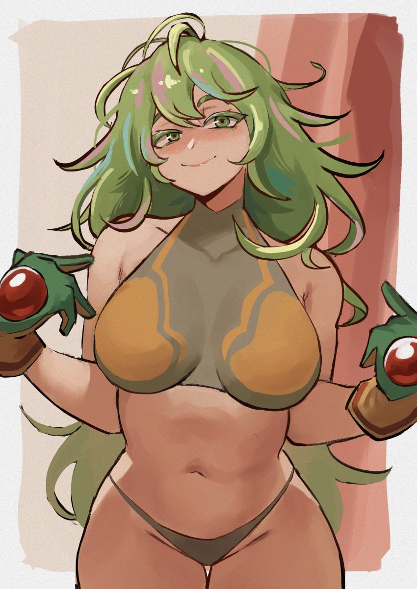 1girls boku_no_hero_academia female gloves green_eyes green_hair light-skinned_female light_skin midriff my_hero_academia my_hero_academia_(finale) pointing_at_self post-timeskip sagaandersart smiling thong tooru_hagakure tooru_hagakure_(visible)
