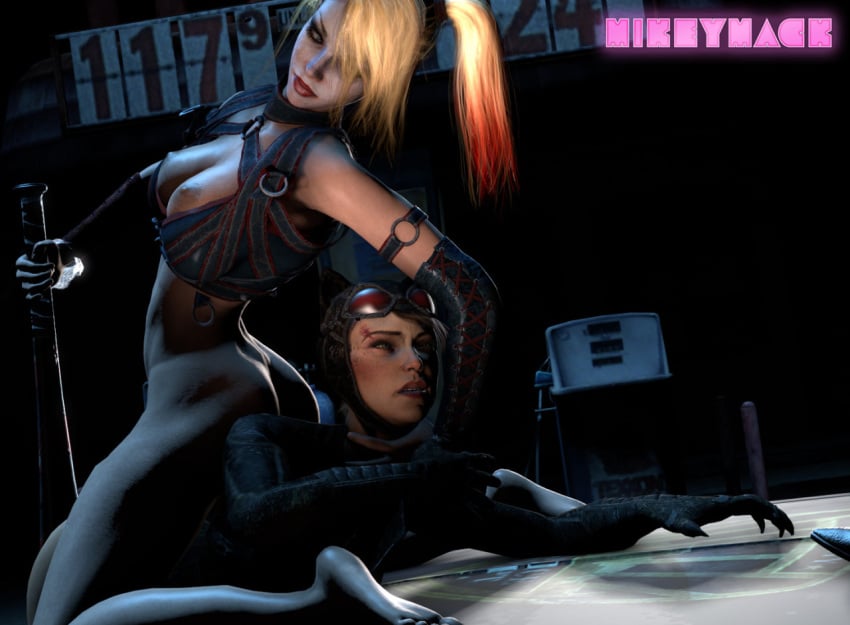 2girls 3d abs ass baseball_bat batman:_arkham_knight batman_(series) big_ass blonde_hair breasts brown_hair catwoman catwoman_(arkham) catwoman_(arkham_knight) clothes clothing costume dat_ass dc dc_comics dyed_hair feet female female_only gloves harley_quinn harley_quinn_(arkham) harley_quinn_(arkham_knight) large_ass large_breasts makeup mikeymack nipples selina_kyle source_filmmaker supervillainess yuri