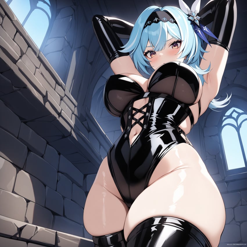 ai_generated arms_up blue_hair breasts dominant_pov dress eula_(genshin_impact) genshin_impact ministro