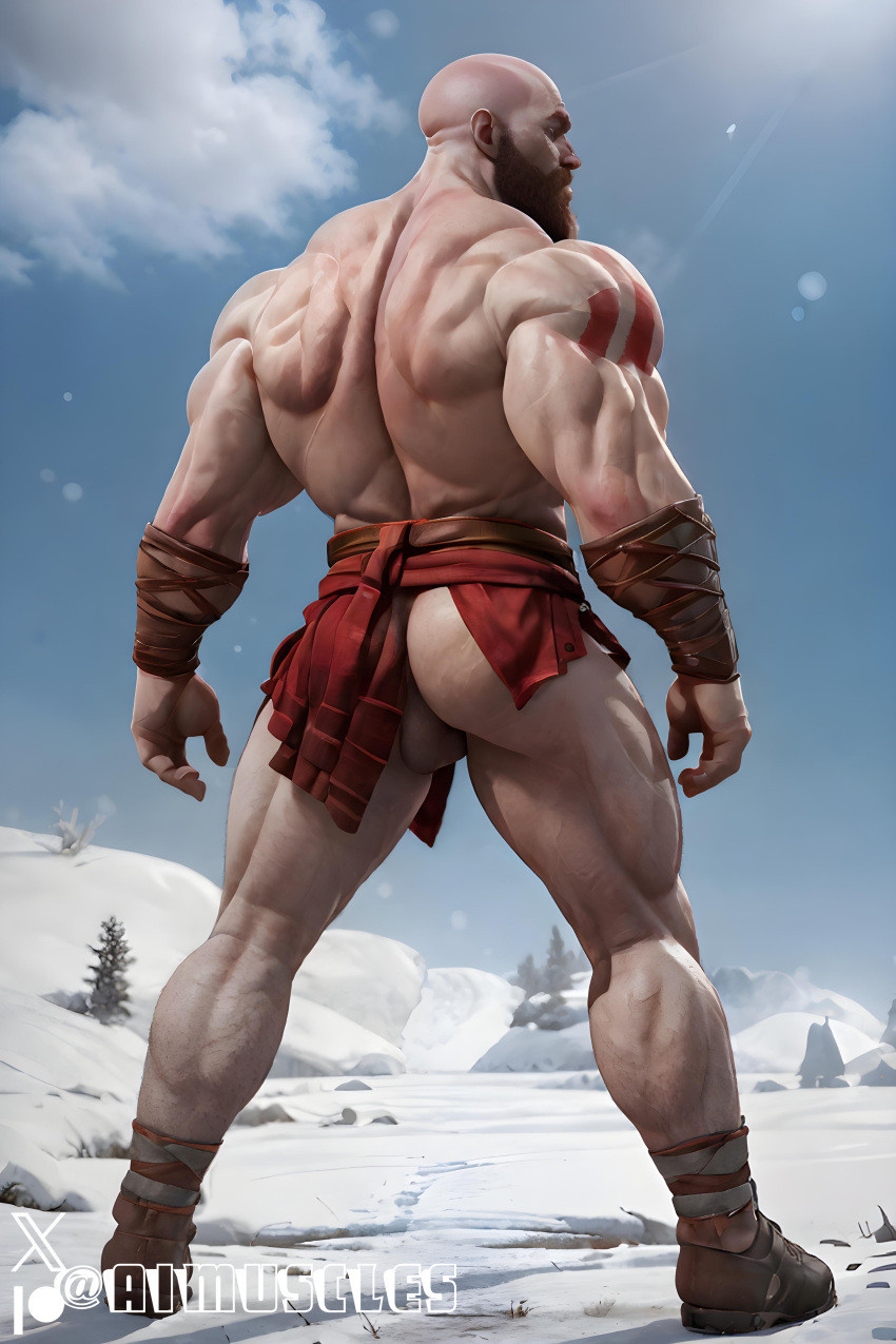 1boy ai_generated aimuscles ass_visible_under_skirt back_view bald bald_man bara bare_ass barely_clothed barely_covered beard big_ass big_butt bubble_ass bubble_butt daddy dilf exposed_ass facial_hair from_behind god_of_war kratos large_ass large_butt looking_at_viewer looking_back_at_viewer male male_focus male_only mature_male muscles muscular muscular_arms muscular_ass muscular_back muscular_legs nature nature_background older_male outdoor_nudity outdoors partially_clothed_male partially_nude partially_undressed public_exposure red_markings red_skirt round_ass round_butt scantily_clad seductive seductive_pose showing_ass showing_off_ass slutty_clothing slutty_outfit slutty_pose snow snowy_background thick_ass thick_thighs warrior winter