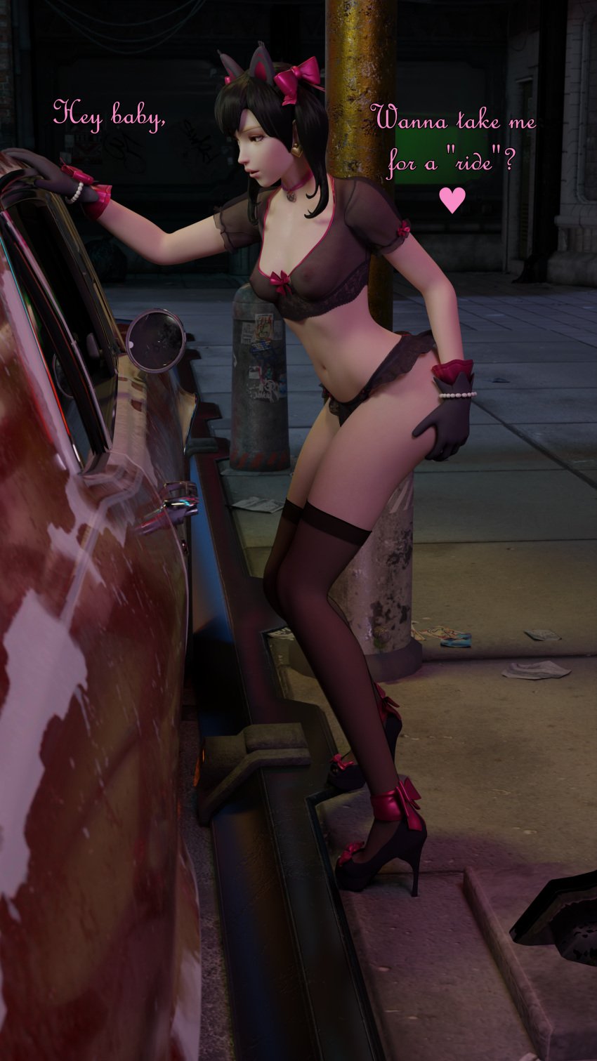 3d absurd_res absurdres black_cat_d.va black_socks blender bow caption car choker d.va dustedfountain english_text female gloves heels high_heels highres hooker lace leaning_forward lingerie outside overwatch propositioning prostitution public sheer sheer_clothing sheer_legwear socks socks_and_heels stockings street streetwalker thigh_socks thighhighs twintails visible_nipples