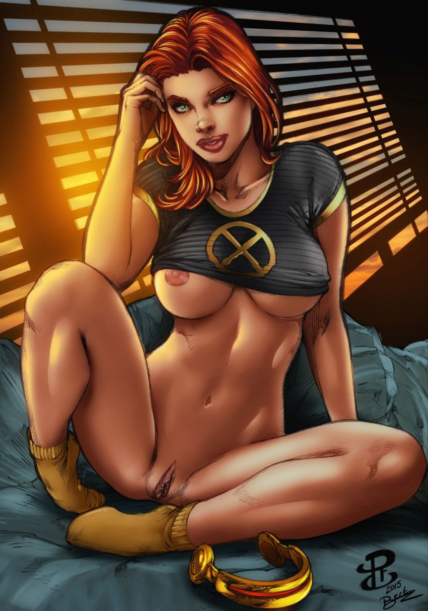 areola_slip areolae bottomless breasts breasts_peeking_out_of_shirt jean_grey marvel marvel_comics renato_camilo socks solo underboob x-men