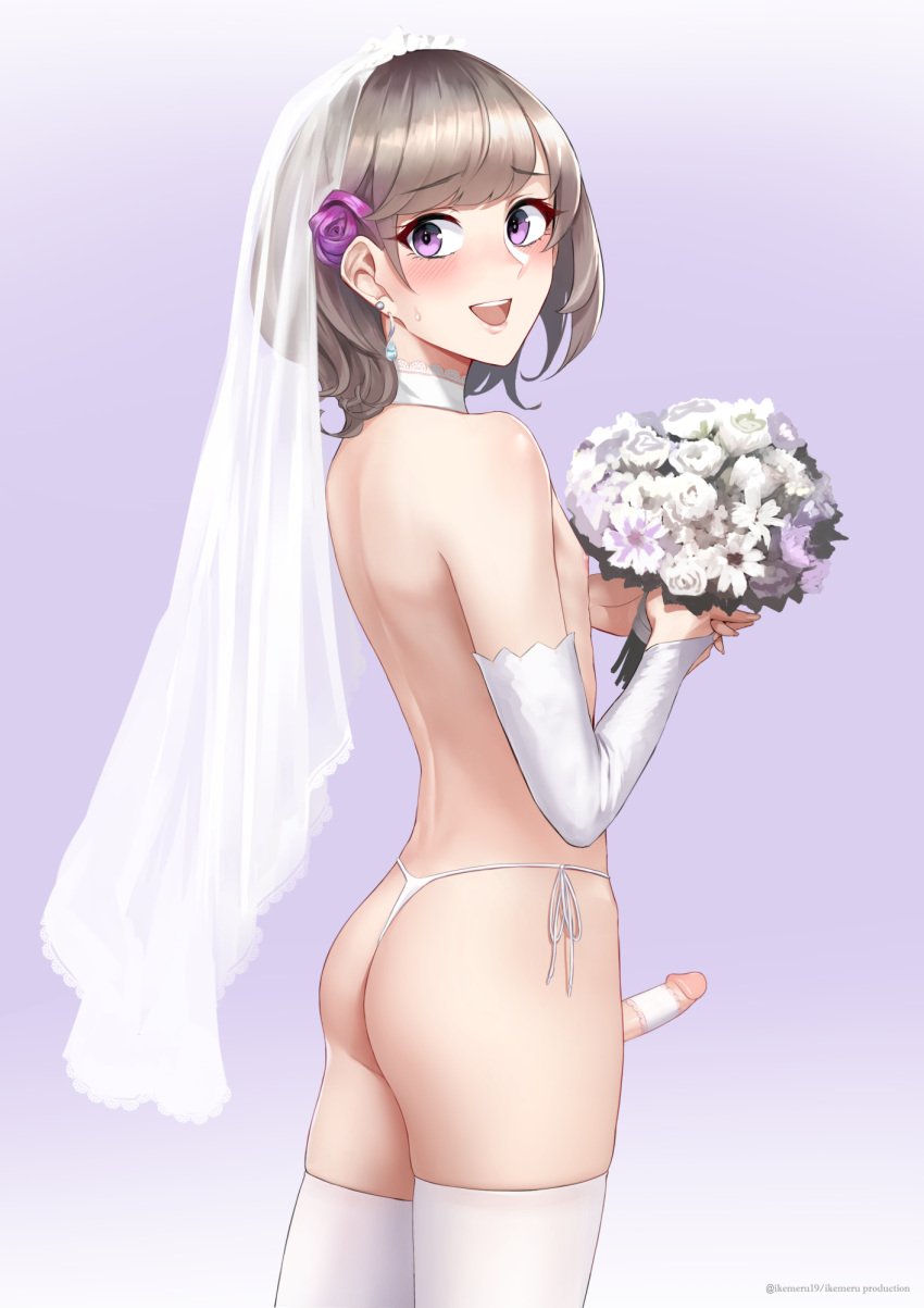 1boy 1femboy ? blush boquet bride choker cute cute_male earrings erect_penis femboy femboy_focus femboy_only flower_in_hair flowers girly grey_hair ikemeru19 light_skin lingerie male male_focus male_only male_symbol original original_character penis penis_clothing purple_eyes sleeves stockings thong wife