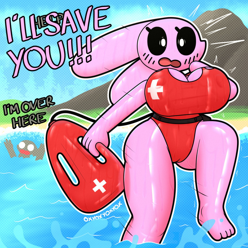 1girls 2024 alternate_version_available beach big_breasts black_sclera blush breasts bunny_ears bunny_girl cleavage dialogue female huge_breasts lifeguard marshmallow_(oxyoxyoxyox) nipple_bulge oxyoxyoxyox pink_fur rabbit thick_thighs water white_eyes