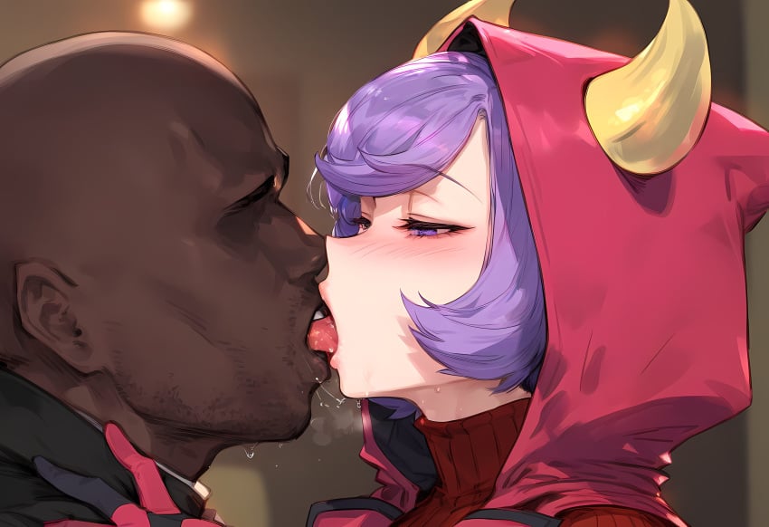 1boy 1girls ai_generated bald blush breasts clothing courtney_(pokemon) courtney_(pokemon_oras) curvaceous curvaceous_female curvaceous_figure curvy curvy_figure dark-skinned_male dark_skin faceless faceless_male fake_horns female female female_focus french_kiss gloves half-closed_eyes hood hood_up hoodie horned_headwear horns interracial kissing large_breasts male nakatori open_mouth pokemon pokemon_(game) pokemon_character pokemon_omega_ruby_&amp;_alpha_sapphire pokemon_oras pokemon_ruby_sapphire_&amp;_emerald purple_eyes purple_hair ribbed_sweater saliva saliva_trail short_hair straight sweat sweater team_magma tongue tongue_out voluptuous voluptuous_female