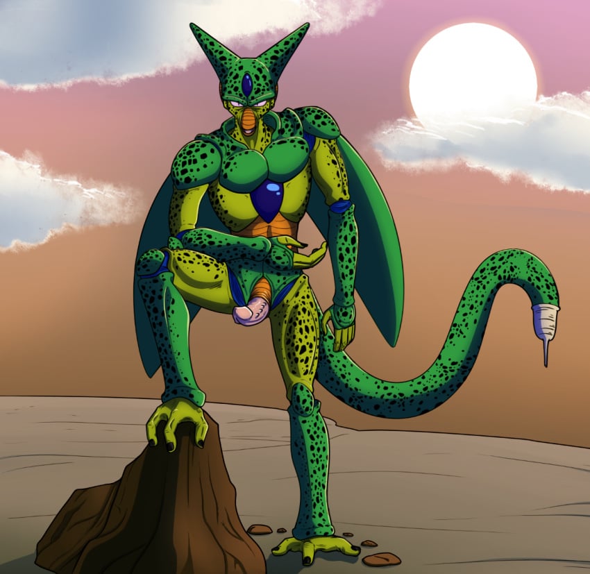 1boy alien anthro cell_(dragon_ball) dragon_ball dragon_ball_z erection imperfect_cell looking_at_viewer male male_only open_mouth penis smile solo thenaughtiness wings