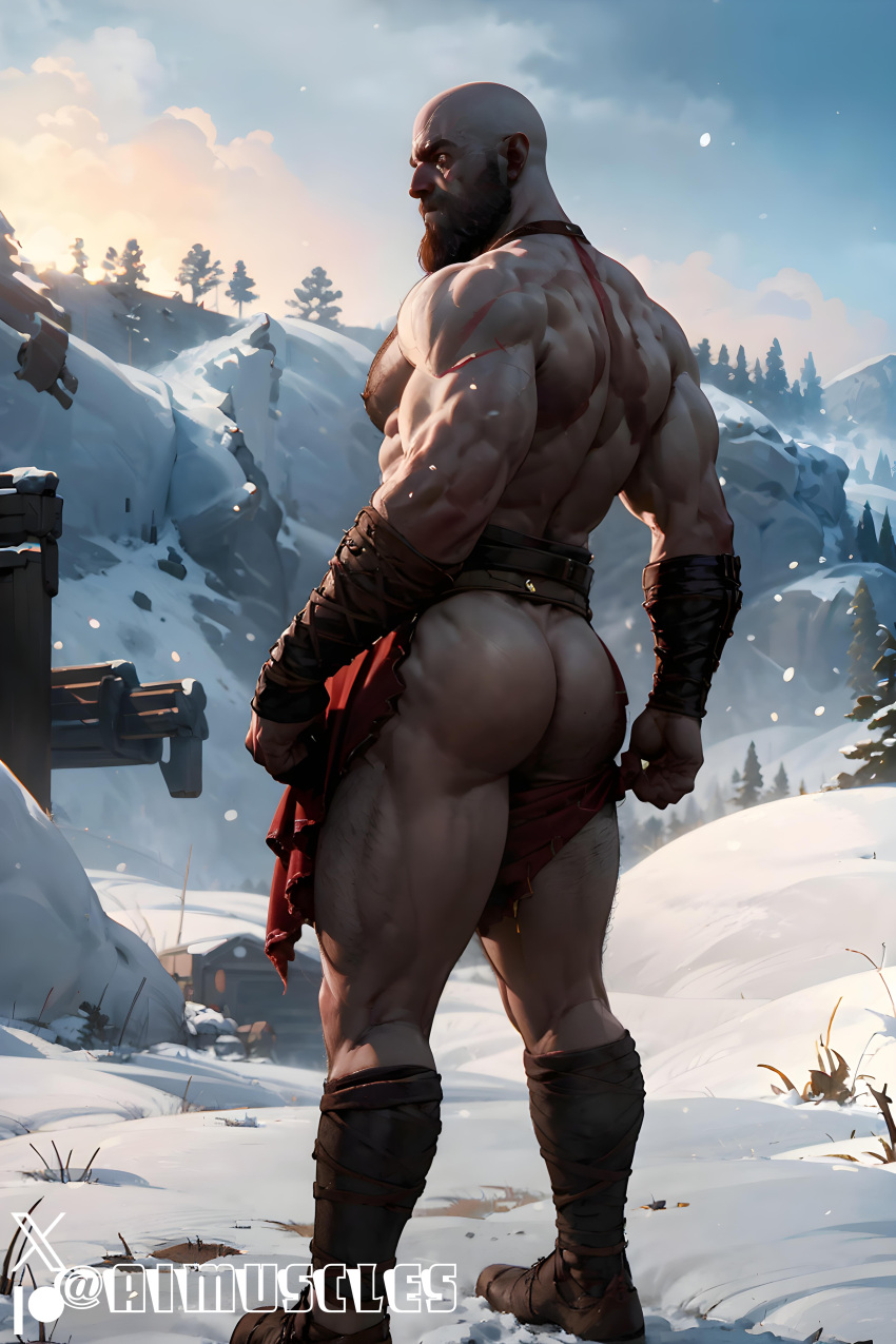 1boy ai_generated aimuscles ass_visible_under_skirt bald bald_man bara barely_clothed barely_covered beard big_ass big_butt bubble_ass bubble_butt daddy dilf exposed_ass facial_hair god_of_war kratos large_ass large_butt looking_at_viewer looking_back_at_viewer male male_focus male_only mature_male muscles muscular muscular_arms muscular_ass muscular_back muscular_legs nature nature_background older_male outdoor_nudity outdoors partially_clothed_male partially_nude partially_undressed public public_exposure red_markings red_skirt removing_clothing removing_skirt round_ass round_butt scantily_clad seductive seductive_pose showing_ass showing_off_ass slutty_clothing slutty_outfit slutty_pose snow snowy_background stripping thick_ass thick_thighs warrior winter