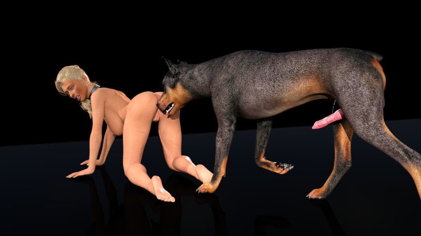 3d afraid animal_genitalia beastiality before_sex big_breasts blonde_hair blue_eyes canine canine_penis collar dark_environment daz_studio dim_lighting dobermann hanging_breasts hannah_breeding_session hannah_palmer jollybizz naked naked_female on_all_fours skinny slave slavegirl slim_waist sniffing unsure zoophilia