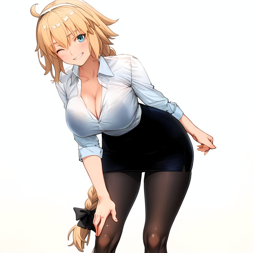 ai_generated black_skirt blonde_hair cleavage fate/apocrypha fate/grand_order fate_(series) jeanne_d&#039;arc_(fate) jeanne_d&#039;arc_(fate)_(all) miniskirt pantyhose pencil_skirt single_braid smile white_background