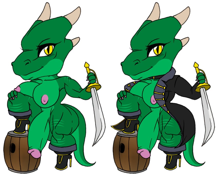 barrel boots chibi clothed coat d-idara futanari green_skin intersex lizard nude pirate reptile scalie strahza_longshank sword weapon yellow_eyes