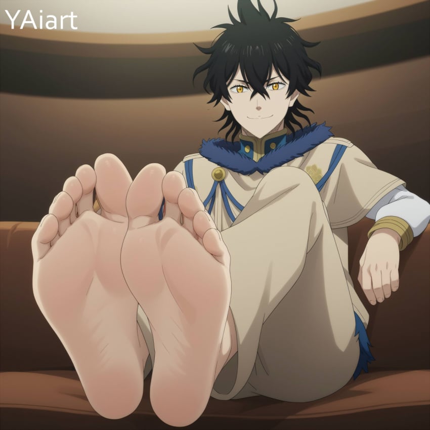 ai_generated black_clover black_hair foot_fetish foot_focus solo solo_male yaiart yellow_eyes yuno_grinbellior