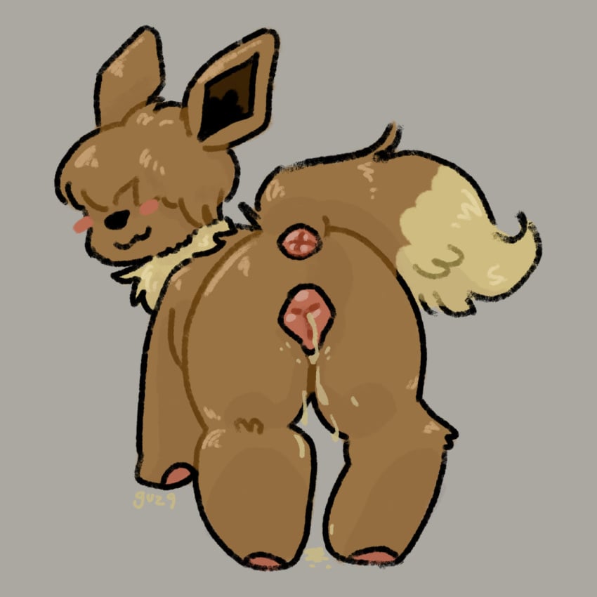 absurd_res after_sex andromorph animal_genitalia animal_pussy anus ass blush bodily_fluids brown_body brown_fur canine_genitalia canine_pussy cum cum_drip cum_in_pussy cum_inside cum_on_ground cum_on_pussy cuntboy dripping eevee feral fur generation_1_pokemon genital_fluids genitals guz9 hair hi_res intersex looking_at_viewer looking_back munchkin_(jackrabbit) nintendo pawpads pink_anus pink_pawpads pink_pussy pokemon pokemon_(species) presenting presenting_hindquarters pussy rear_view smile solo_focus