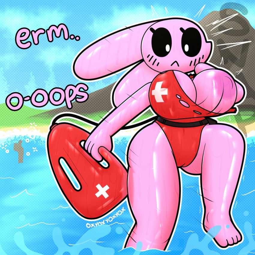 1girls 2024 alternate_version_available beach big_breasts black_sclera blush breasts bunny_ears bunny_girl cleavage dialogue drowning female huge_breasts lifeguard marshmallow_(oxyoxyoxyox) nipple_bulge nipples one_breast_out oxyoxyoxyox pink_fur pink_nipples rabbit thick_thighs wardrobe_malfunction water white_eyes