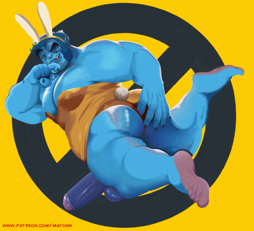 anthro ass balls bara beast_(x-men) big_penis blue_body blue_fur boner bunny_ears erection feet furry hank_mccoy looking_back male male_only marvel marvel_comics maychin muscles muscular penis solo solo_male x-men