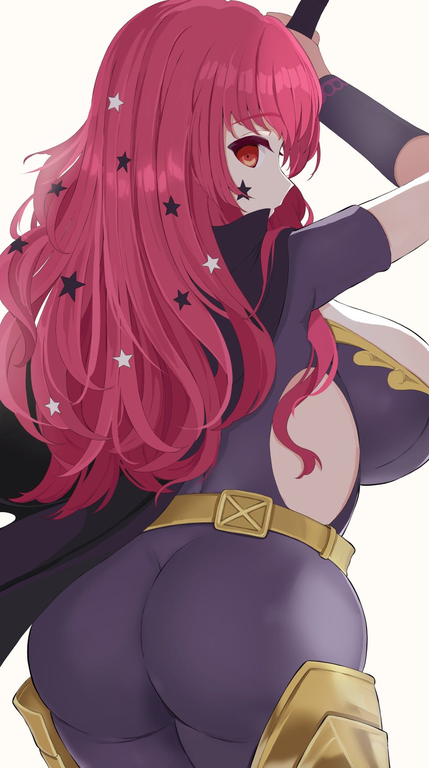 1girls ass ass_focus bangs big_ass bodysuit breasts cape facial_mark facial_tattoo female female_only fire_emblem fire_emblem_engage hair_ornament knife kocha_(jgug7553) large_ass long_hair looking_back nintendo red_eyes red_hair side_slit solo star star_(symbol) tattoo violet_hair weapon yunaka_(fire_emblem)