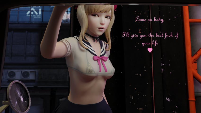 3d blender bow caption car choker d.va dustedfountain english_text eye_contact female hooker leopard_print looking_at_viewer micro_bikini outside overwatch pigtails pov propositioning prostitution public school_uniform schoolgirl see-through_clothing sheer street twintails underboob