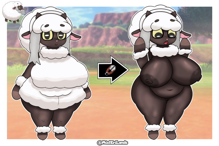 absurd_res anthro areola big_breasts black_areola black_nipples breasts eyelashes female floppy_ears foot_tuft fur generation_8_pokemon genitals green_sclera grey_body grey_eyes grey_fur grey_horn hand_tuft heart_nose heart_symbol hi_res hooves horizontal_pupils horn huge_breasts looking_at_viewer lop_ears misterilands navel neck_tuft nintendo nipples open_mouth pink_nose pokemon pokemon_(species) pupils pussy shearing short_stack slightly_chubby smile snaggle_tooth solo thick_thighs tuft white_body white_fur wide_hips wooloo