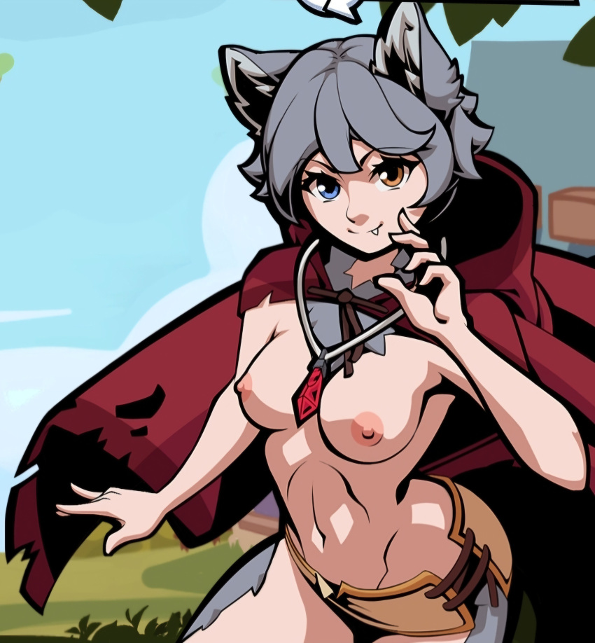 animal_ears furry grey_hair multicolored_eyes nipples overlewd short_hair small_breasts tail ulvi_(overlewd)