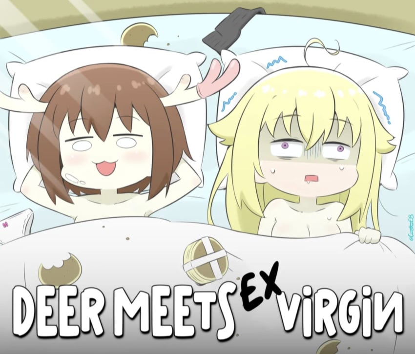 after_sex bed bedroom condom deer koshi_torako messy my_deer_friend_nokotan panties shikanoko_noko tired yuri