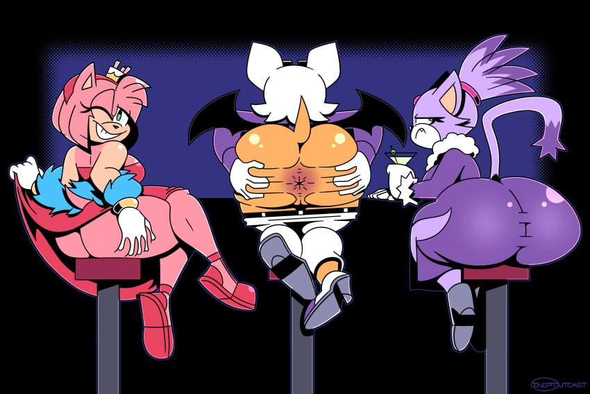 3girls amy_rose anthro anus ass ass_in_dress bat big_ass blaze_the_cat bubble_butt chiropteran clothing dat_ass dress drink fat_ass feline female female_only hedgehog huge_ass ineptoutcast jacket large_ass no_panties pants pants_down png presenting presenting_hindquarters pussy rouge_the_bat sitting sonic_(series) sonic_the_hedgehog_(series) spread_ass spreading stool thick_ass thick_thighs wide_hips