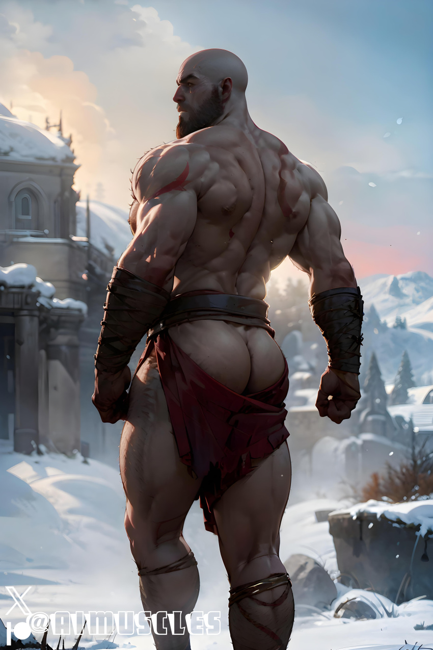 1boy ai_generated aimuscles ass_visible_under_skirt bald bald_man bara barely_clothed barely_covered beard big_ass big_butt bubble_ass bubble_butt daddy dilf exposed_ass facial_hair god_of_war kratos large_ass large_butt looking_at_viewer looking_back_at_viewer male male_focus male_only mature_male muscles muscular muscular_arms muscular_ass muscular_back muscular_legs nature nature_background older_male outdoor_nudity outdoors partially_clothed_male partially_nude partially_undressed public public_exposure red_markings red_skirt removing_clothing removing_skirt round_ass round_butt scantily_clad seductive seductive_pose showing_ass showing_off_ass slutty_clothing slutty_outfit slutty_pose snow snowy_background stripping thick_ass thick_thighs warrior winter