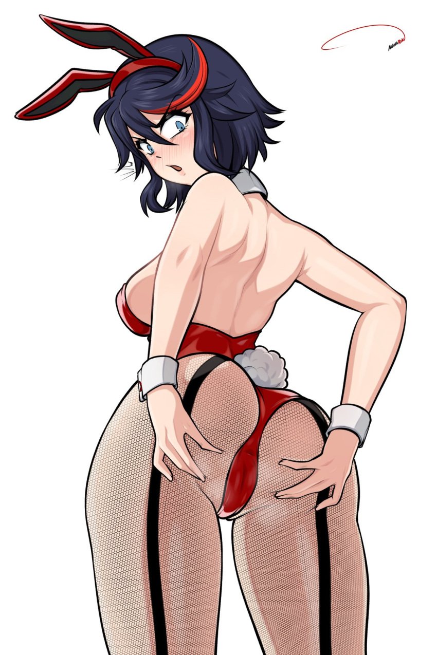 1girls 2023 aldharoku ass blue_eyes blue_hair blush bunny_ears bunny_tail bunnysuit cameltoe dark_blue_hair female female_only fishnet_pantyhose fishnets fully_clothed hi_res kill_la_kill looking_back matoi_ryuuko rear_view red_highlights revealing_clothes skimpy_clothes solo spread_ass spreading tight_clothing white_background wrist_cuffs