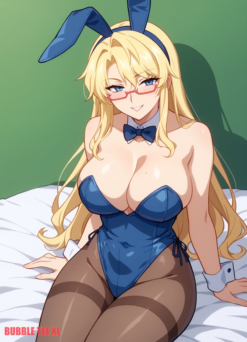 1female 1girls ai_generated big_breasts breasts bubbleteexl bunny_ears bunny_girl bunnysuit commentary_request english_commentary female female_only freezing_(series) glasses hi_res highres looking_at_viewer satellizer_el_bridget sitting solo solo_female very_high_resolution very_long_hair very_long_hair_female